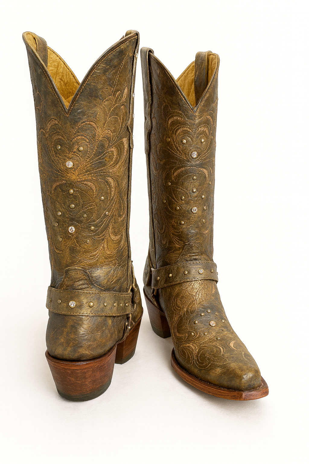Distressed Western Leather Boots with Studs & Embroidery