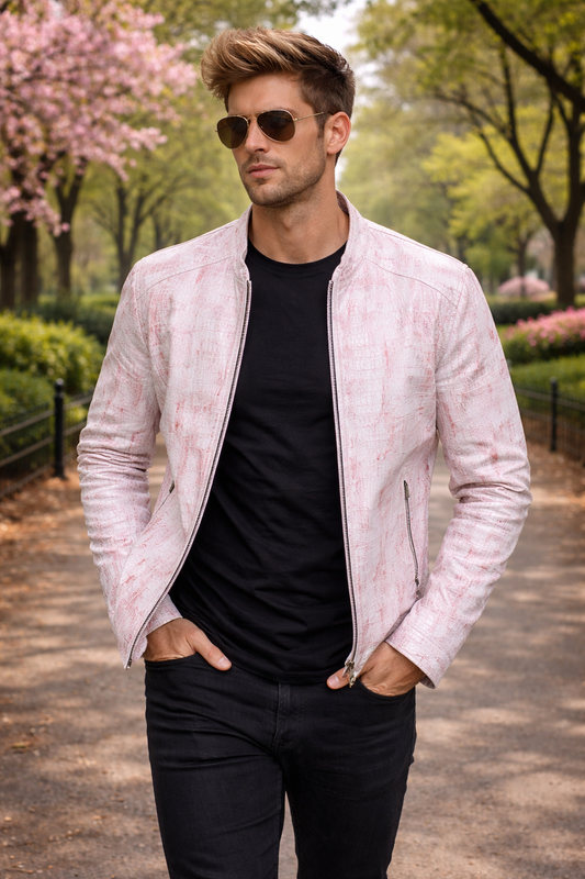 Men's Modern Artisan Crocodile-Embossed Leather Jacket – Blush White