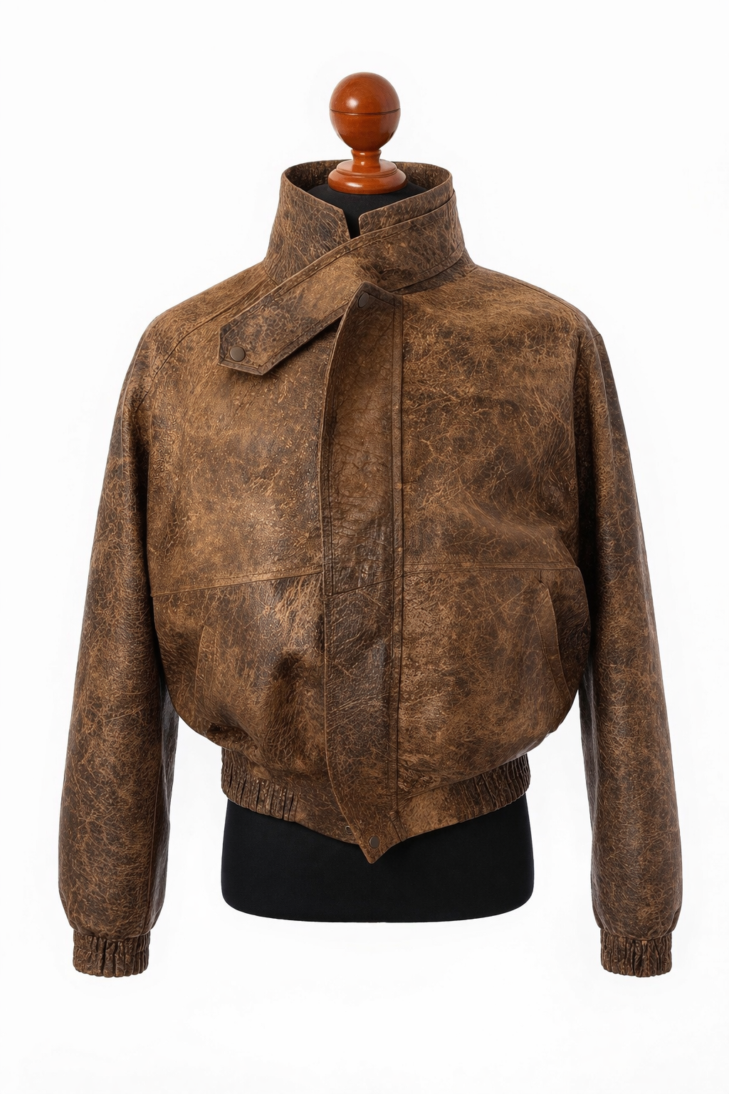 Men's Antique Brown Leather Jacket Vintage Oversized Bomber front view — Houston TX