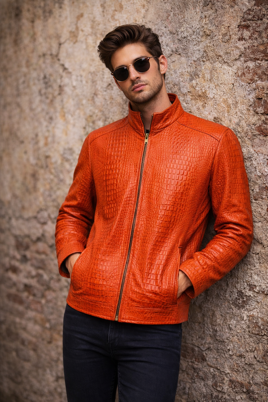 Men's Crocodile-Embossed Zip-Up Jacket in Sunset Orange