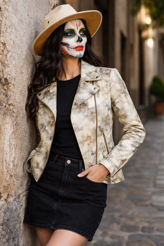 Women's Floral Leather Jacket – Artistic Print with Washed Finish