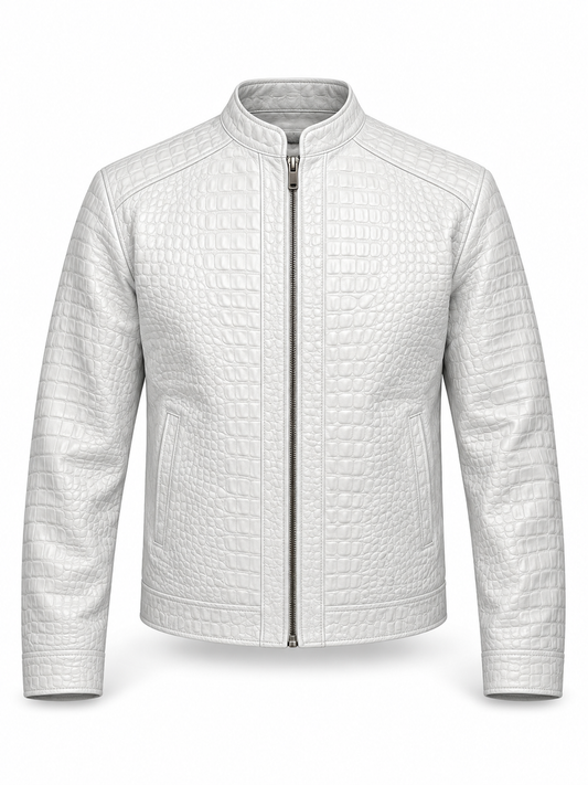 White Crocodile Embossed Leather Jacket