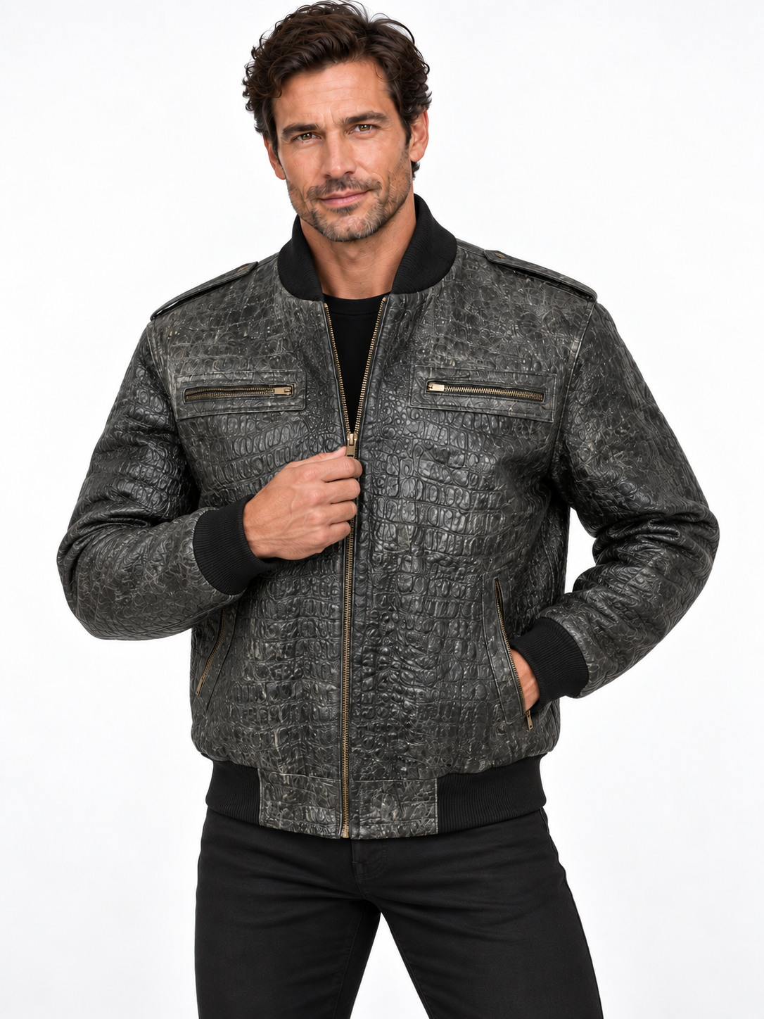 Men's Crocodile Embossed Leather Jacket – Distressed, Vintage Bomber Style