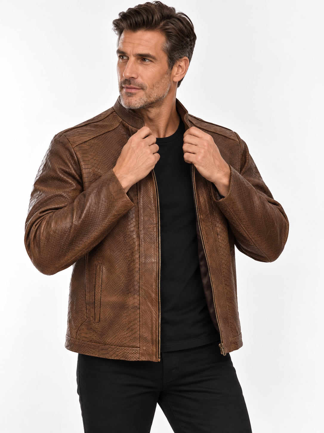 Men's Classic Brown Python-Textured Leather Jacket – Exotic Embossing