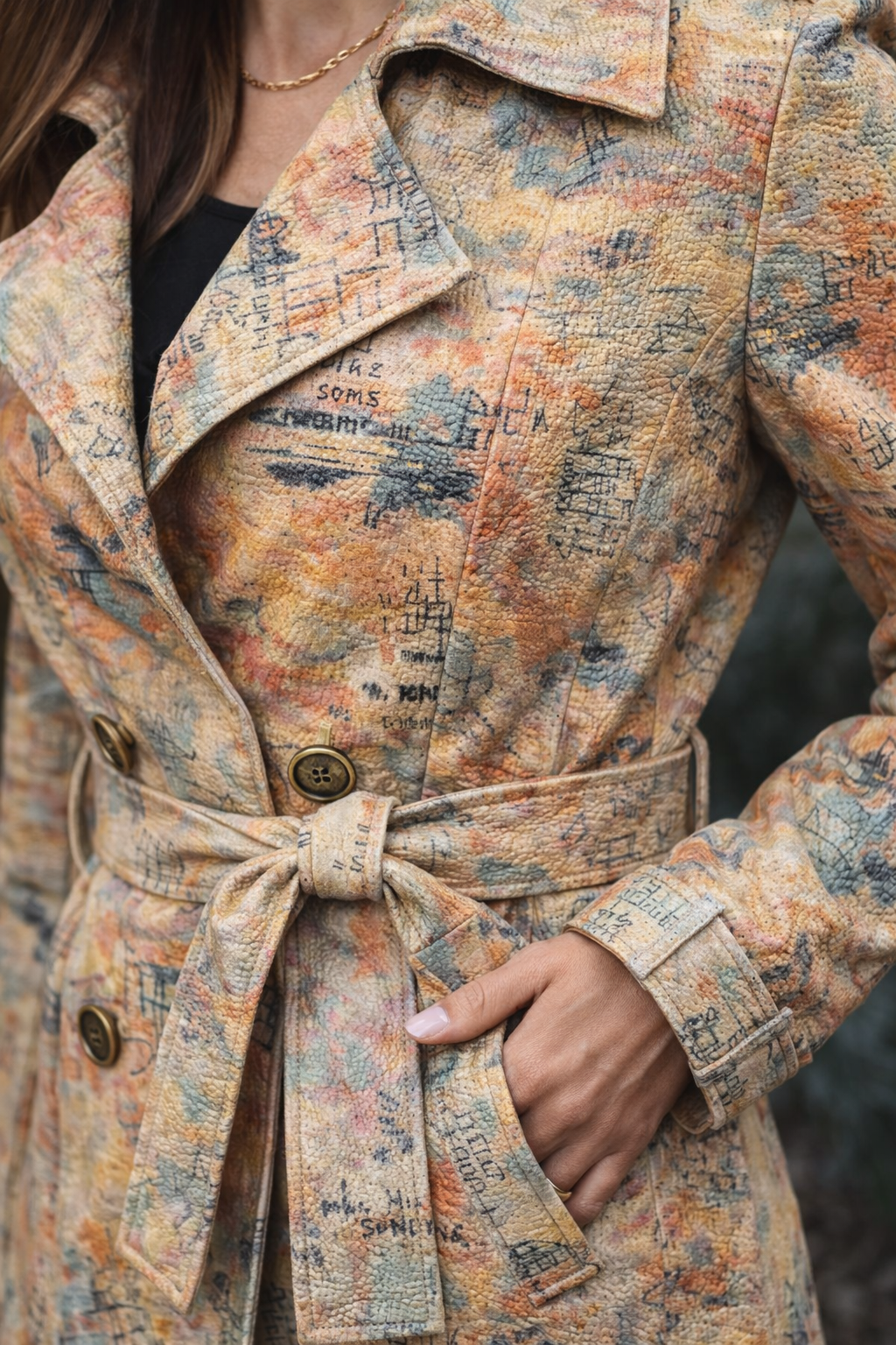 Women's Abstract Brushstroke Print Coat – Multicolor Artistic Leather Trench