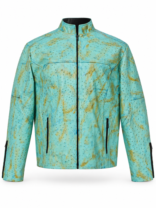 Men's Ostrich Leather Jacket – Bold Quill Texture - Aqua Sky