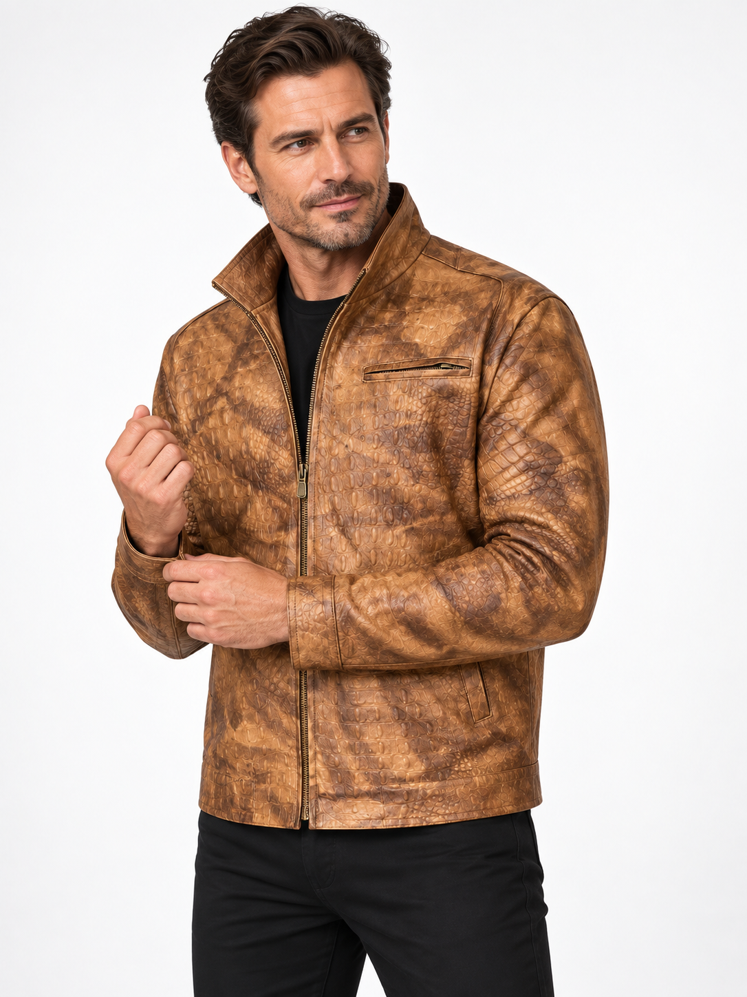 Men’s Leather Rider Jacket – Handcrafted Crocodile-Embossed