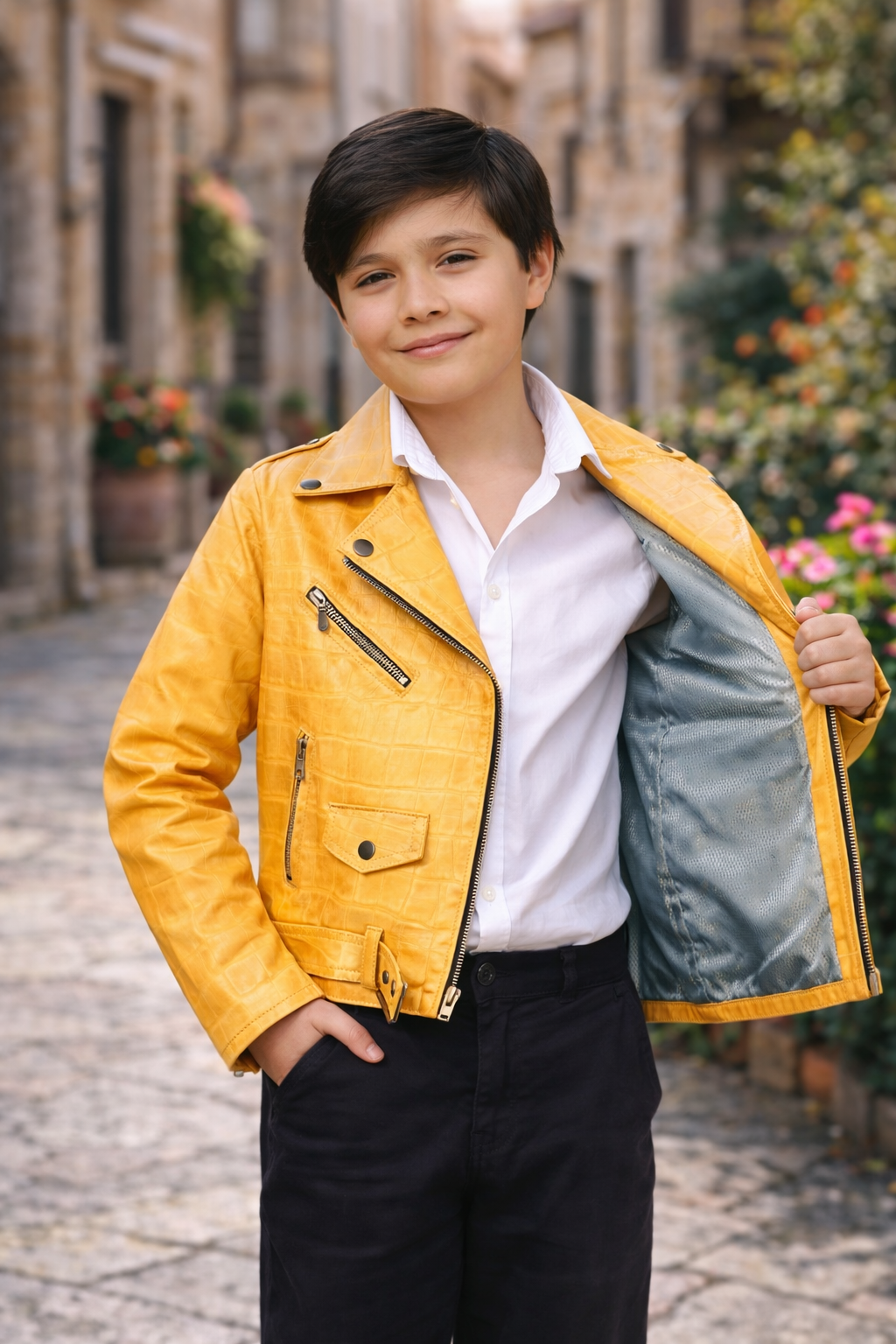 Kids Yellow Crocodile-Embossed Leather Biker Jacket