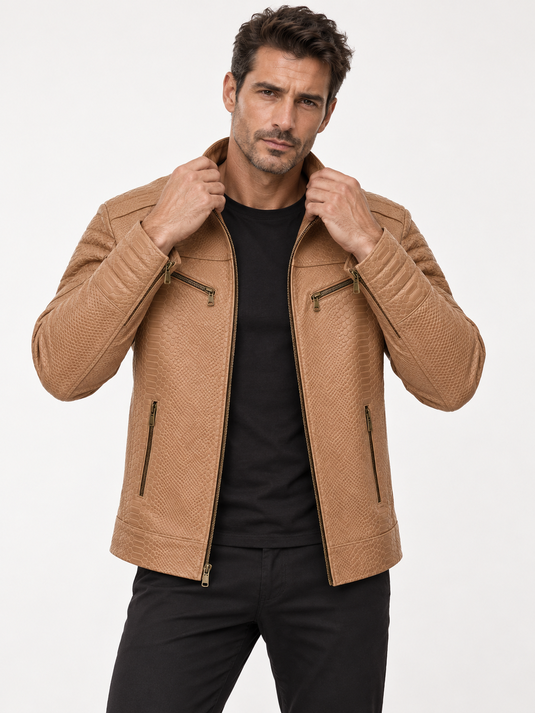 Men's Light Tan Reptile-Embossed Leather Moto Jacket
