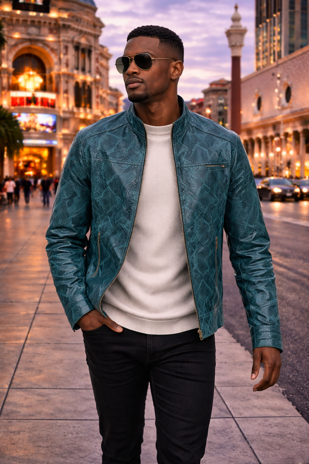Teal Snake-Textured Leather Moto Jacket for Men front view — San Francisco CA