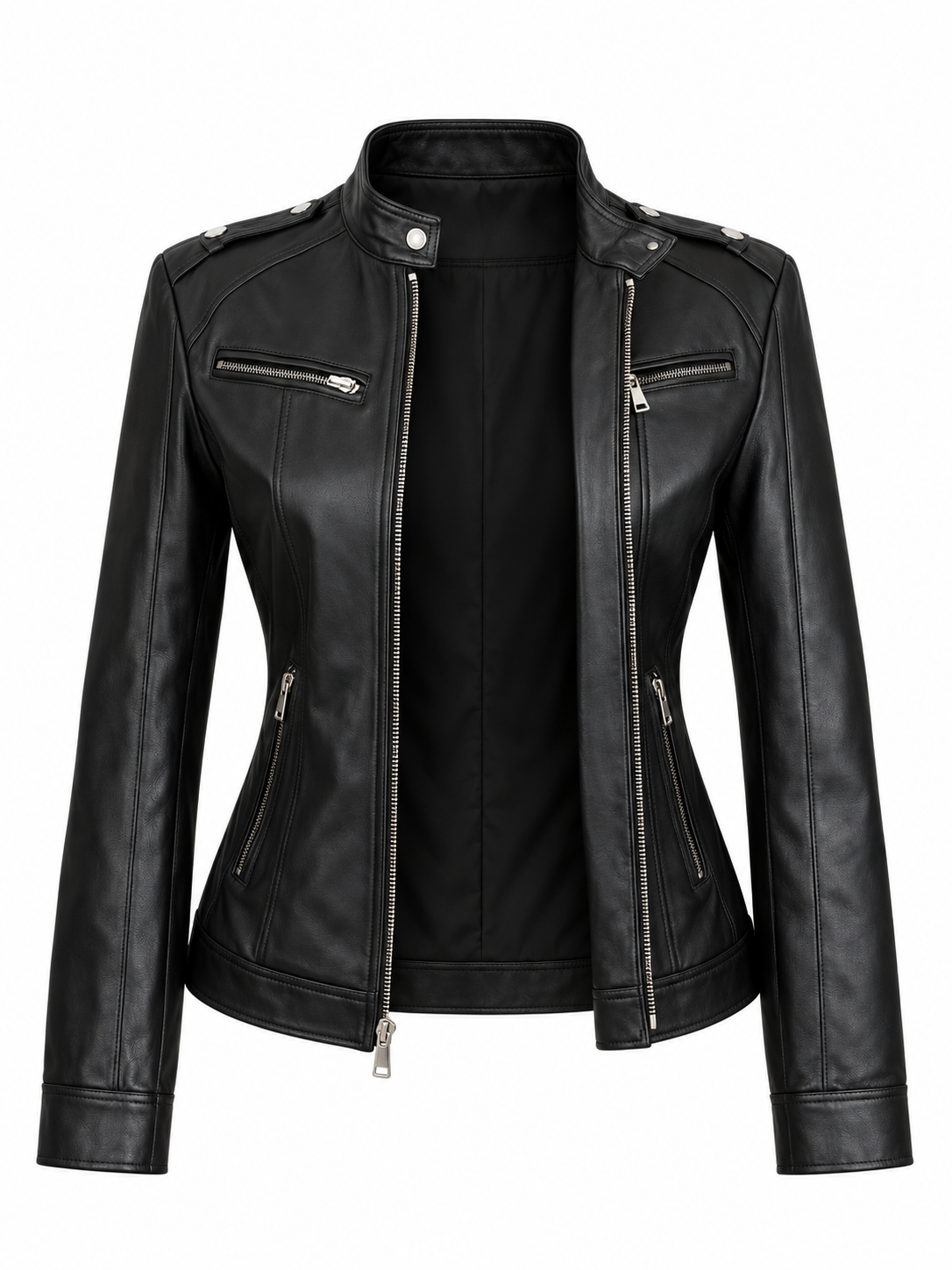 Women's black leather moto jacket— Biker Style with Silver