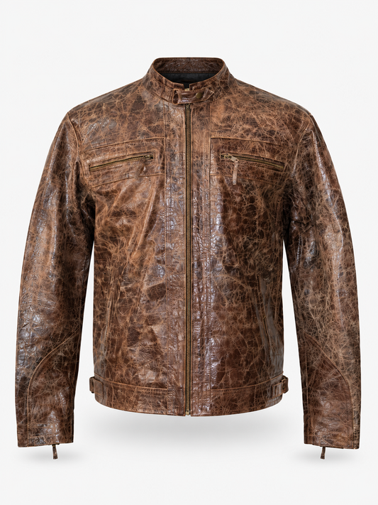 Men's Burnished Effect Leather Rider Jacket – Distressed Gloss Brown Finish