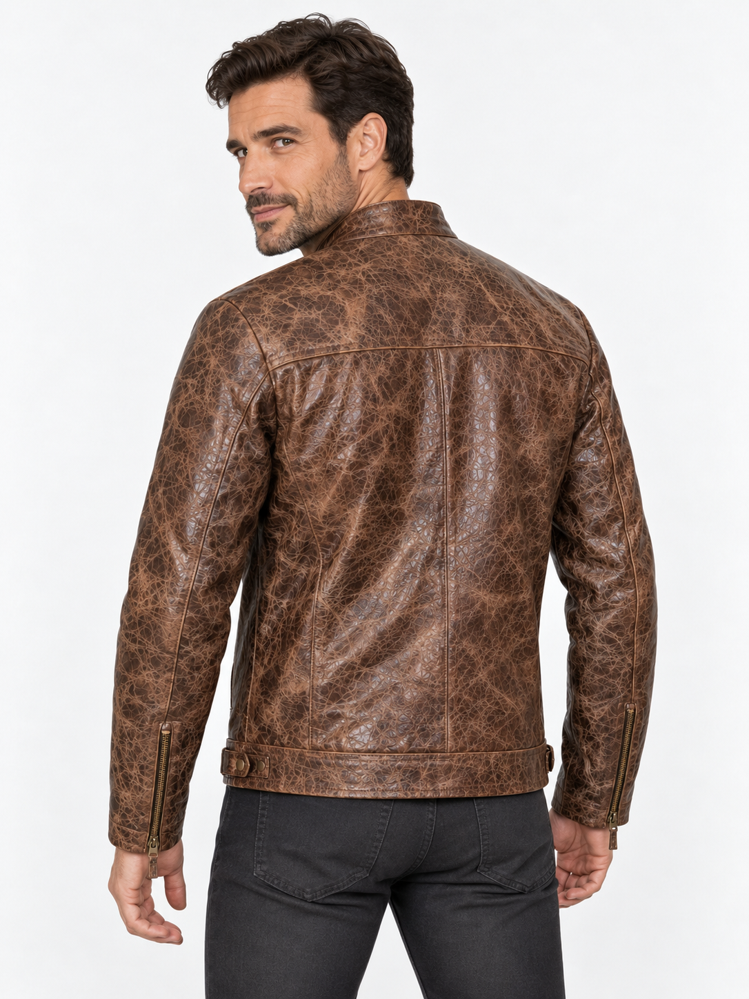 Men's Burnished Effect Leather Rider Jacket – Distressed Gloss Brown Finish