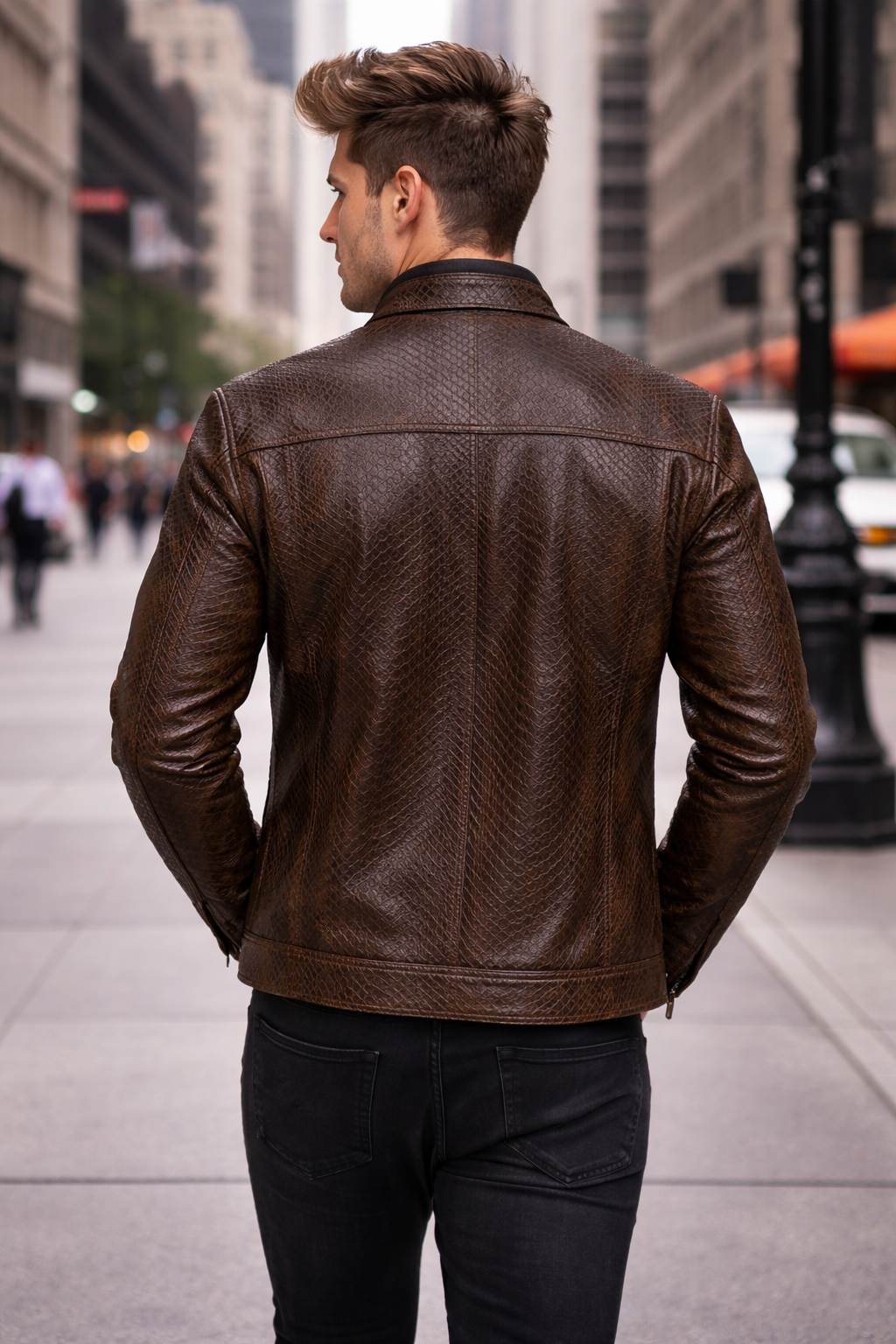 Men's Classic Brown Python-Textured Leather Jacket detail — Riverside CA