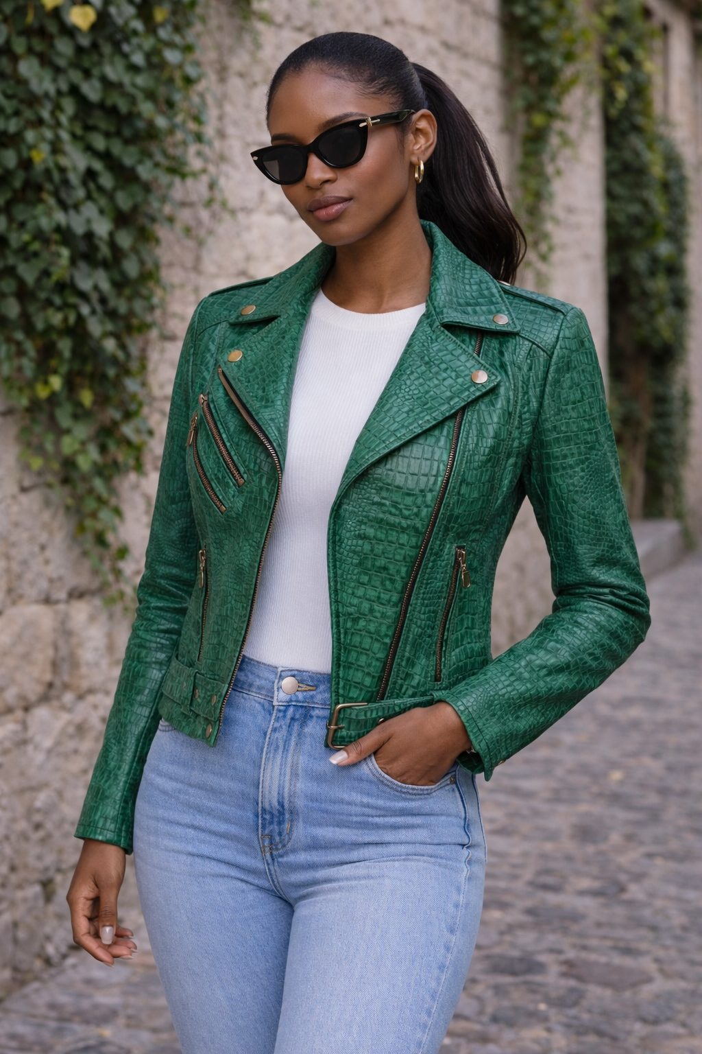 Women's Emerald Luxe Croc-Embossed Leather Biker Jacket