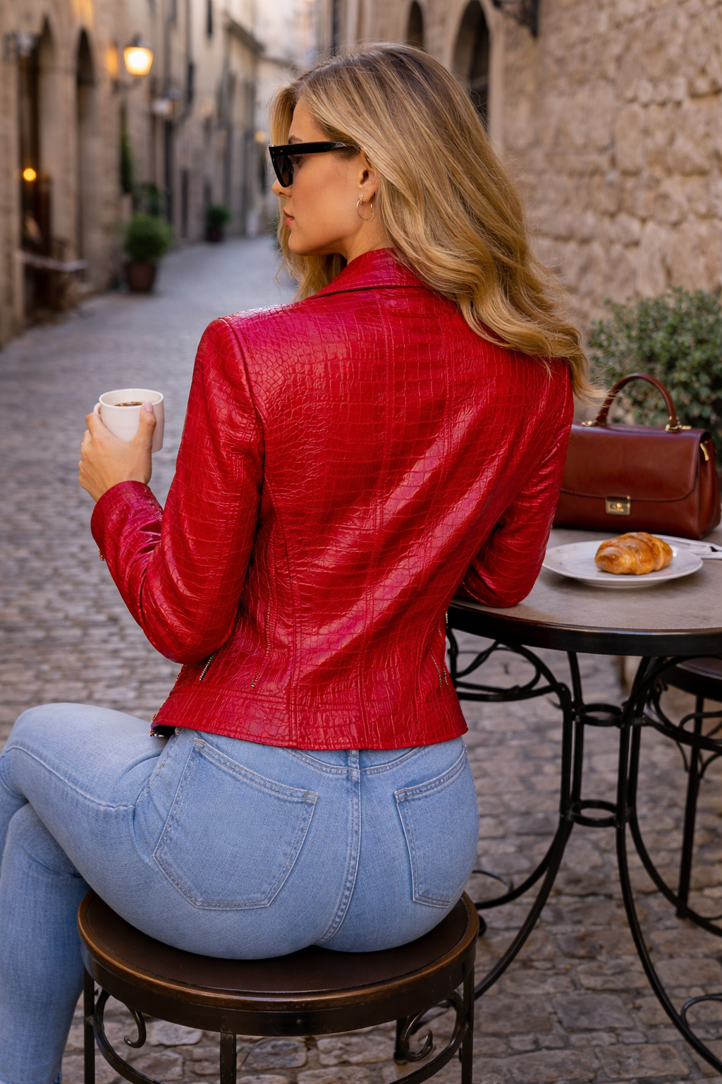 Women's Crocodile Effect Moto Jacket in Vibrant Red