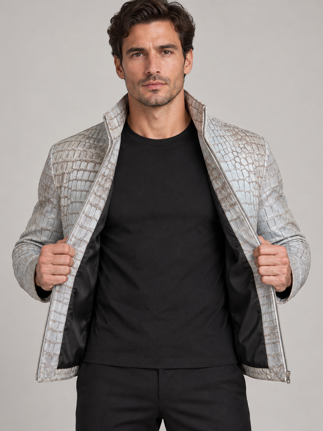 White Genuine Crocodile Leather Jacket – Men’s High-End Exotic Skin
