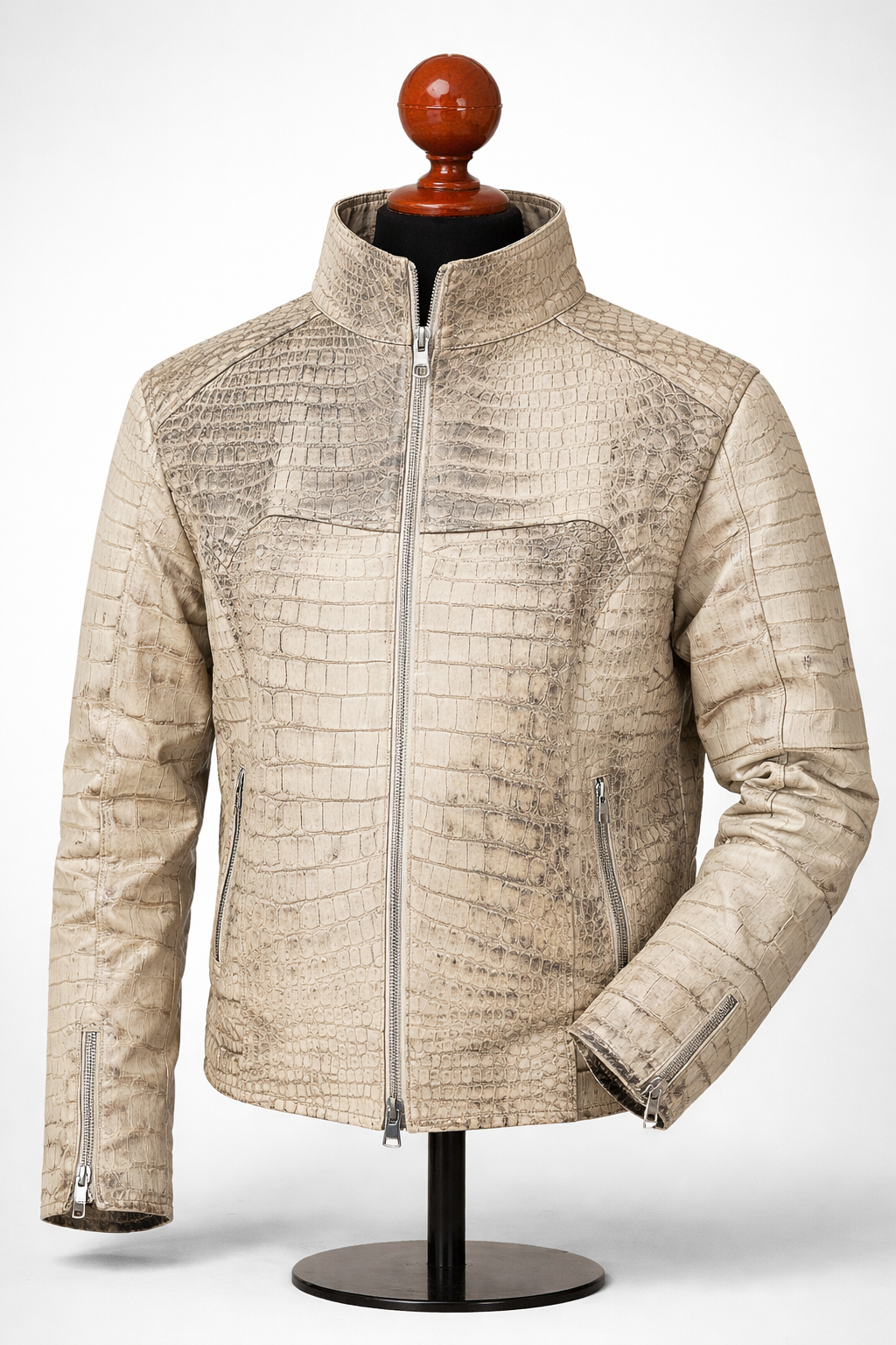 White Genuine Crocodile Leather Jacket Men collar detail — San Diego CA
