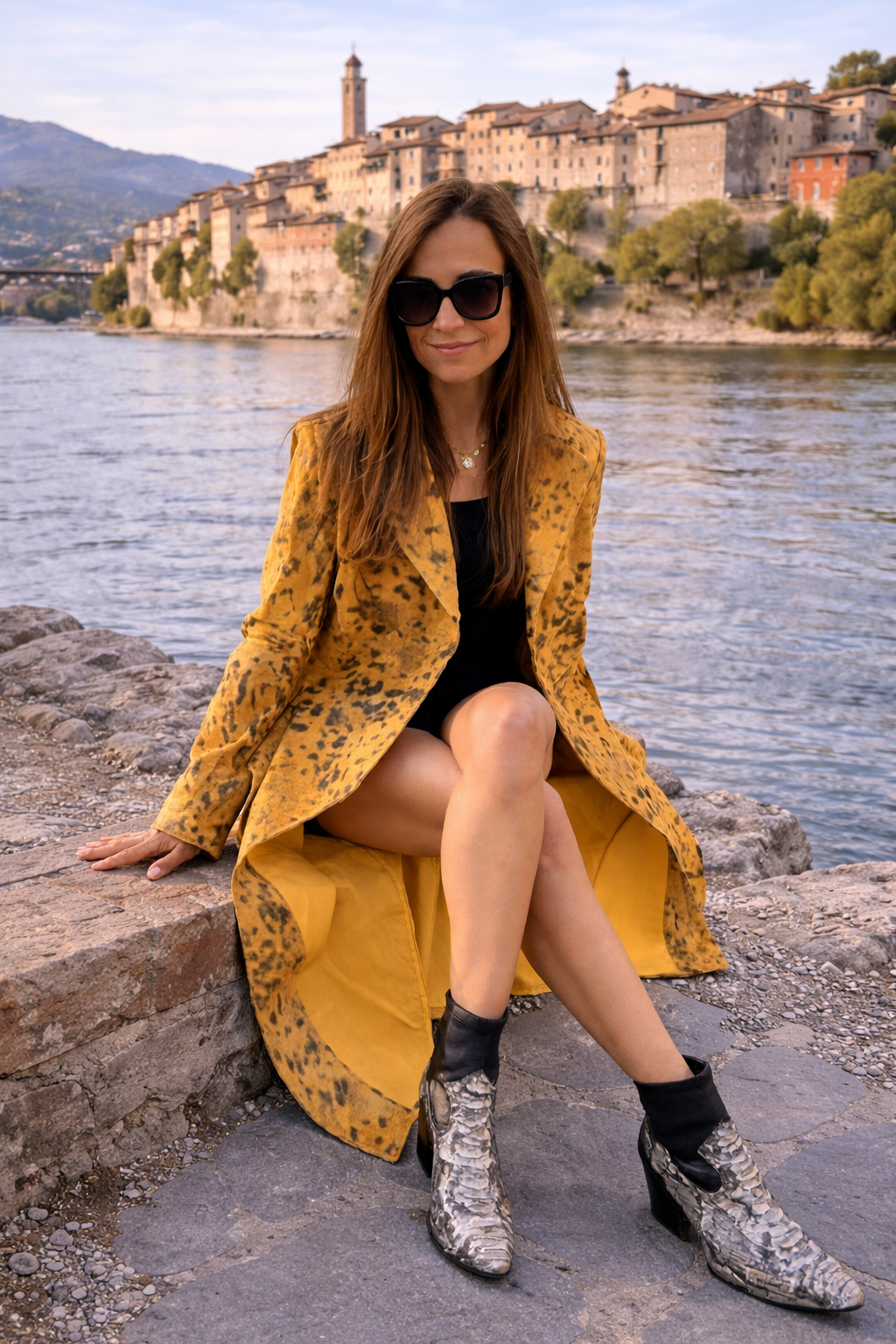 Women's Golden Wild Cat Leather Overcoat – Animal Print Statement Trench