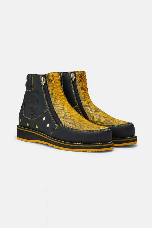 Yellow Python & Black Leather Skull Boots