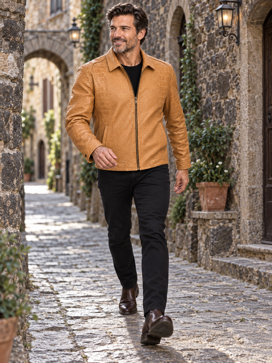 Sand Crocodile-Embossed Leather Jacket – Bold Texture, Refined Style