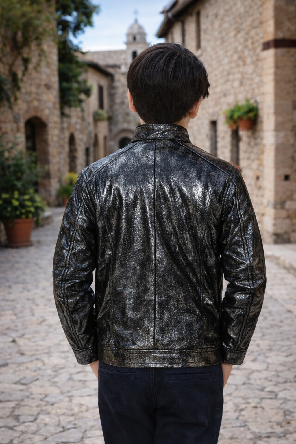 Kids Metallic Coated Leather Jacket – Black & Bronze Moto Style