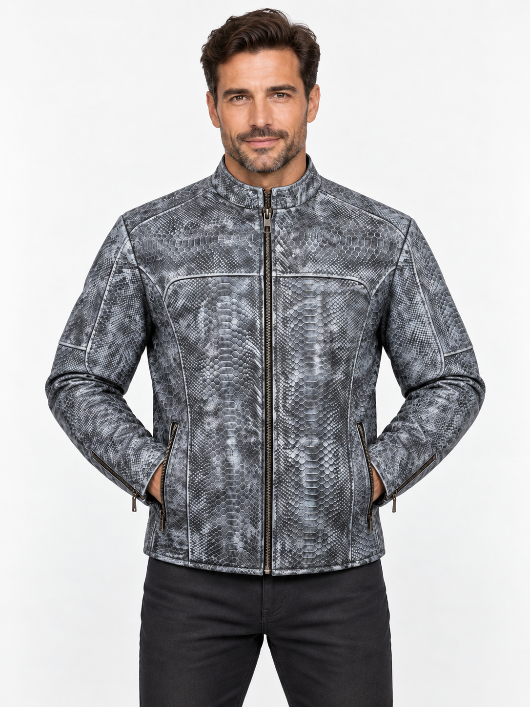 Men's Unique Wash Gray Snake-Embossed Leather Jacket – Artisan Hand-Colored