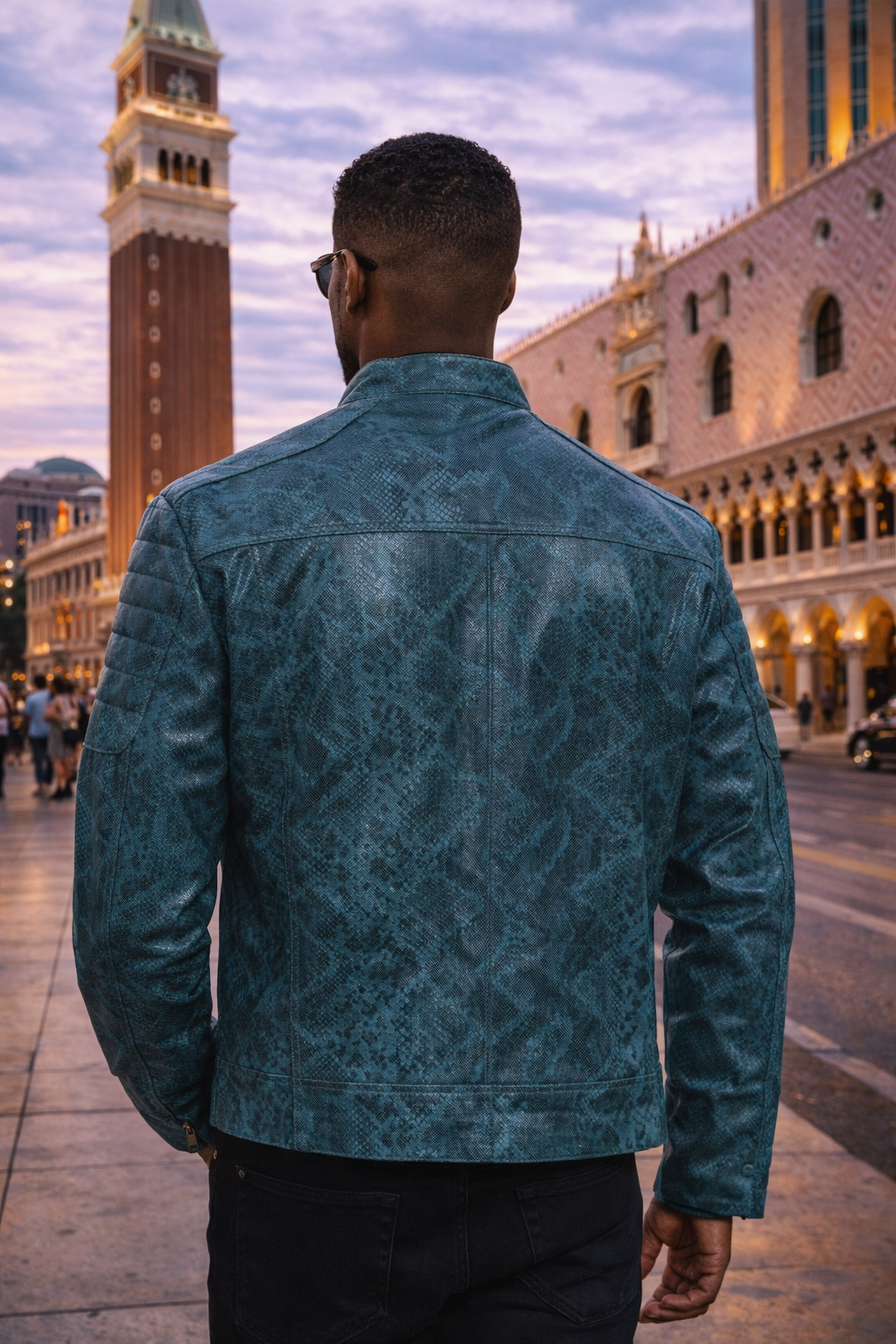 Teal Snake-Textured Leather Moto Jacket for Men side view — Seattle WA
