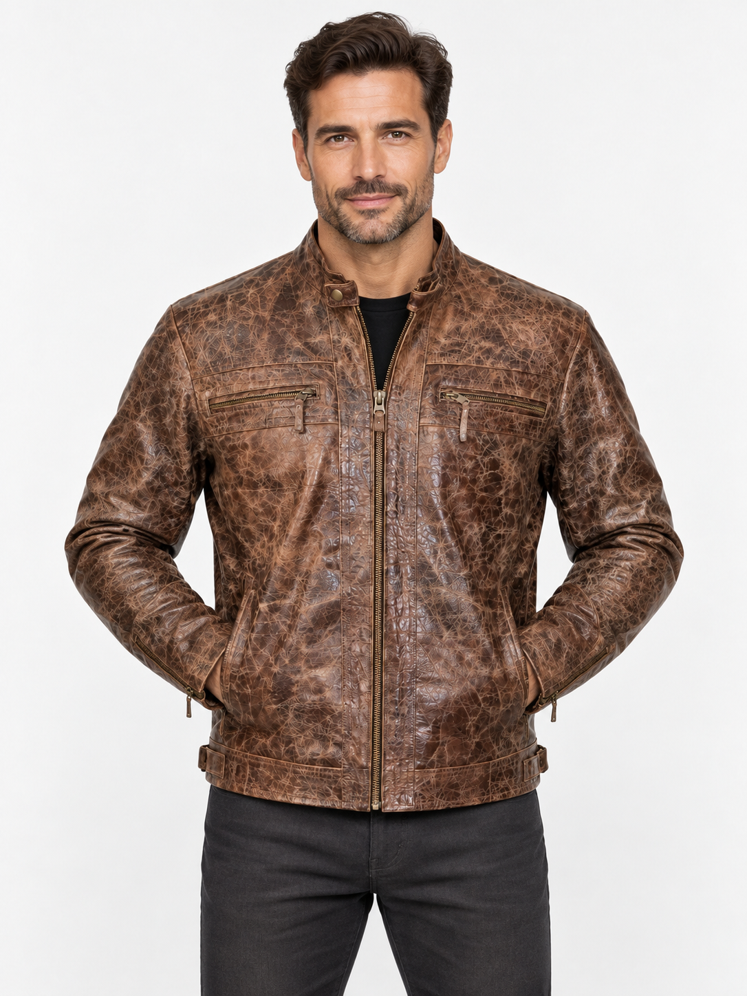 Men's Burnished Effect Leather Rider Jacket – Distressed Gloss Brown Finish