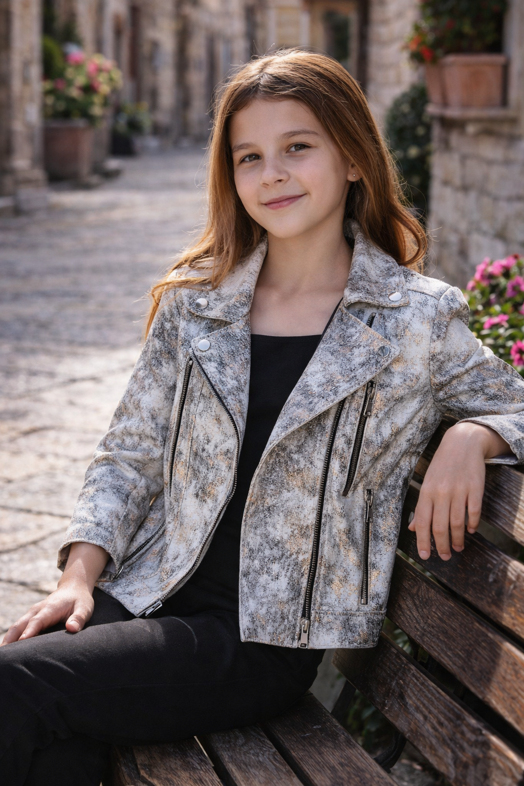 Kids Metallic Marble-Print Leather Biker Jacket – Futuristic Rockstar