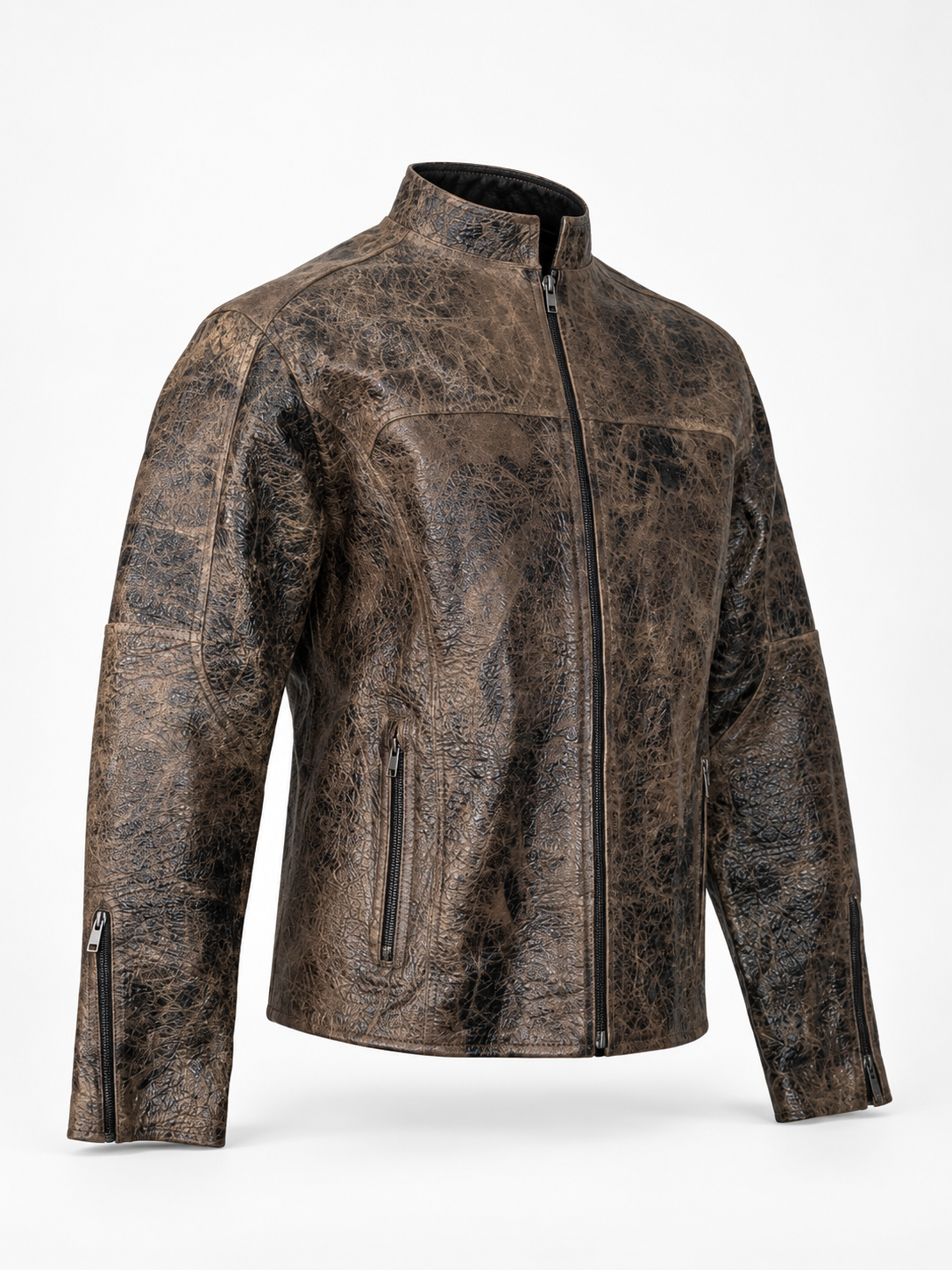Men's Rustic Charcoal-Brown Leather Moto Jacket – Animal Embossed Finish