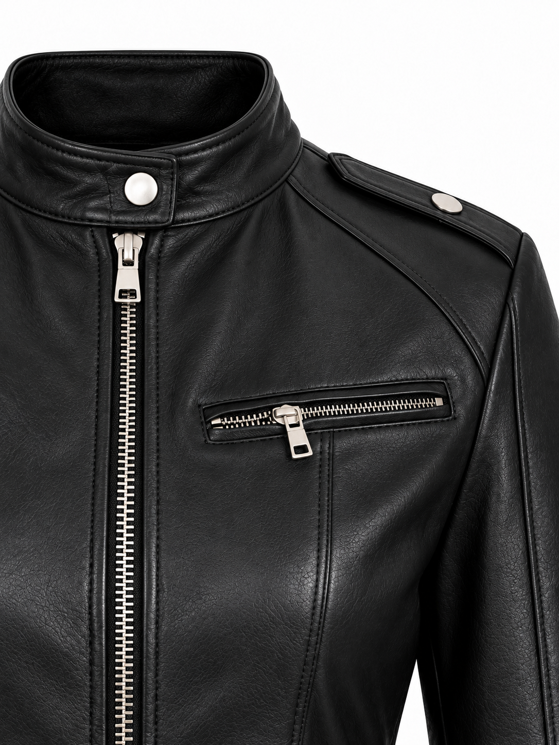 Women's black leather moto jacket— Biker Style with Silver