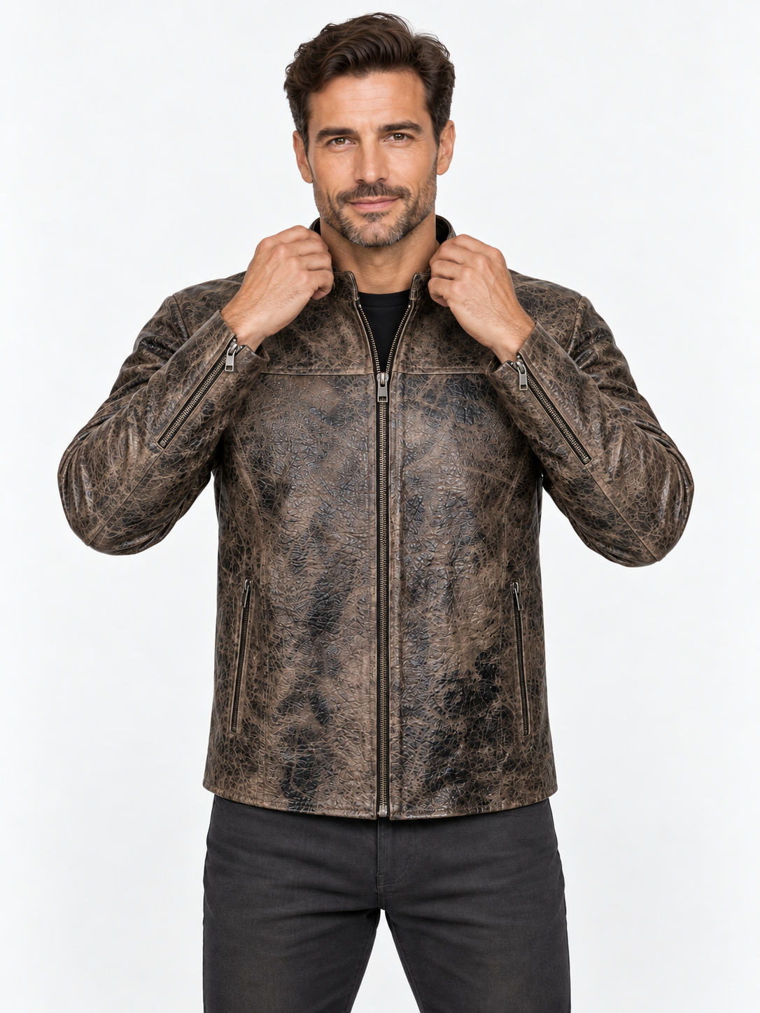 Men's Rustic Charcoal-Brown Leather Moto Jacket – Animal Embossed Finish