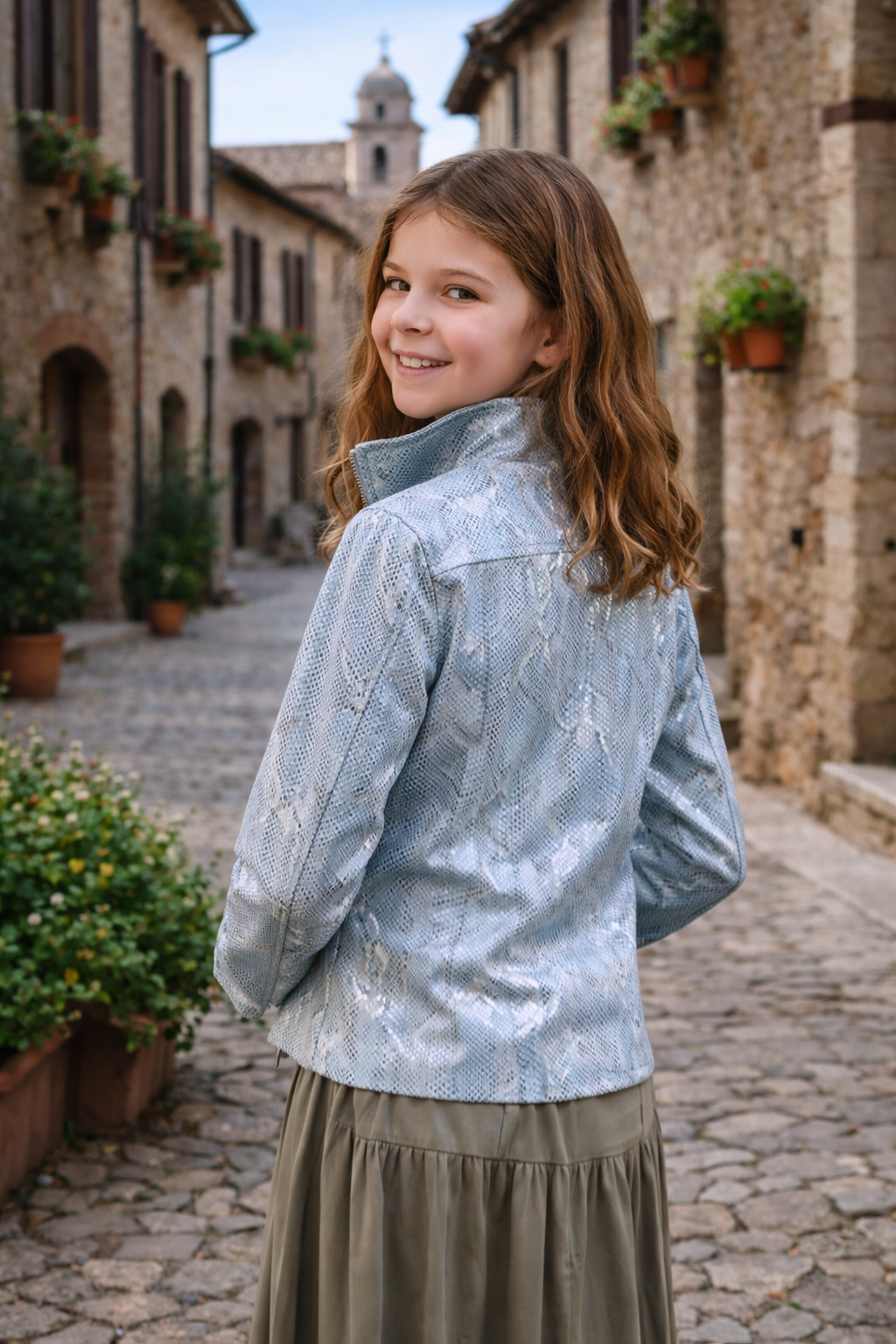 Kids Light Blue Snake-Texture Zip-Up Leather Jacket – Girls