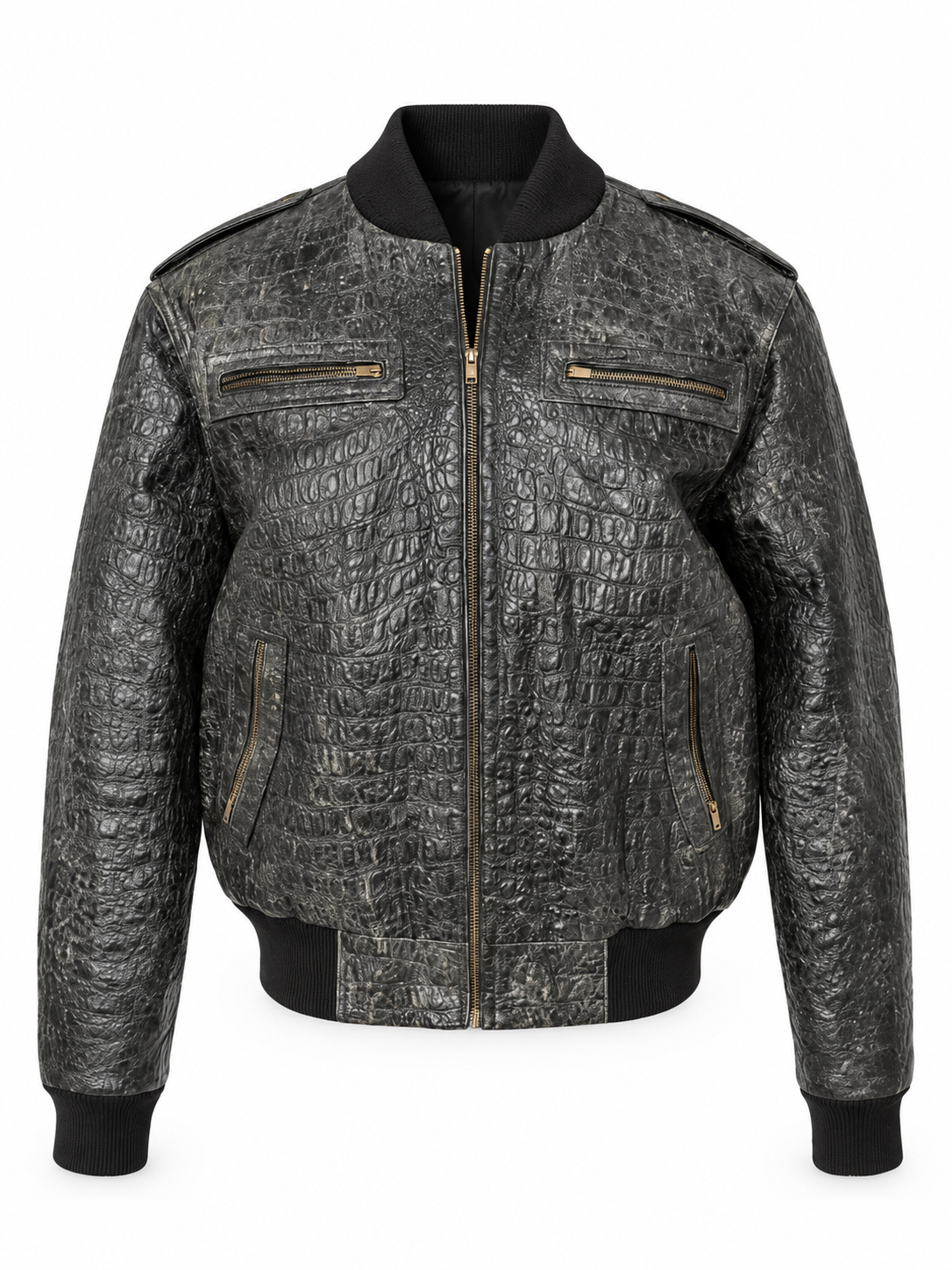 Men's Crocodile Embossed Leather Jacket – Distressed, Vintage Bomber Style