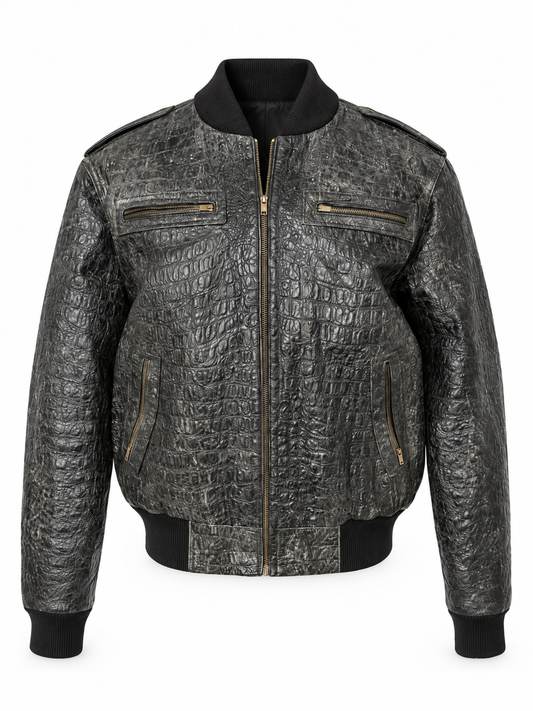Men's Crocodile Embossed Leather Jacket – Distressed, Vintage Bomber Style