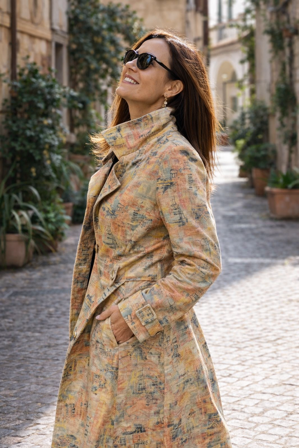 Women's Abstract Brushstroke Print Coat – Multicolor Artistic Leather Trench