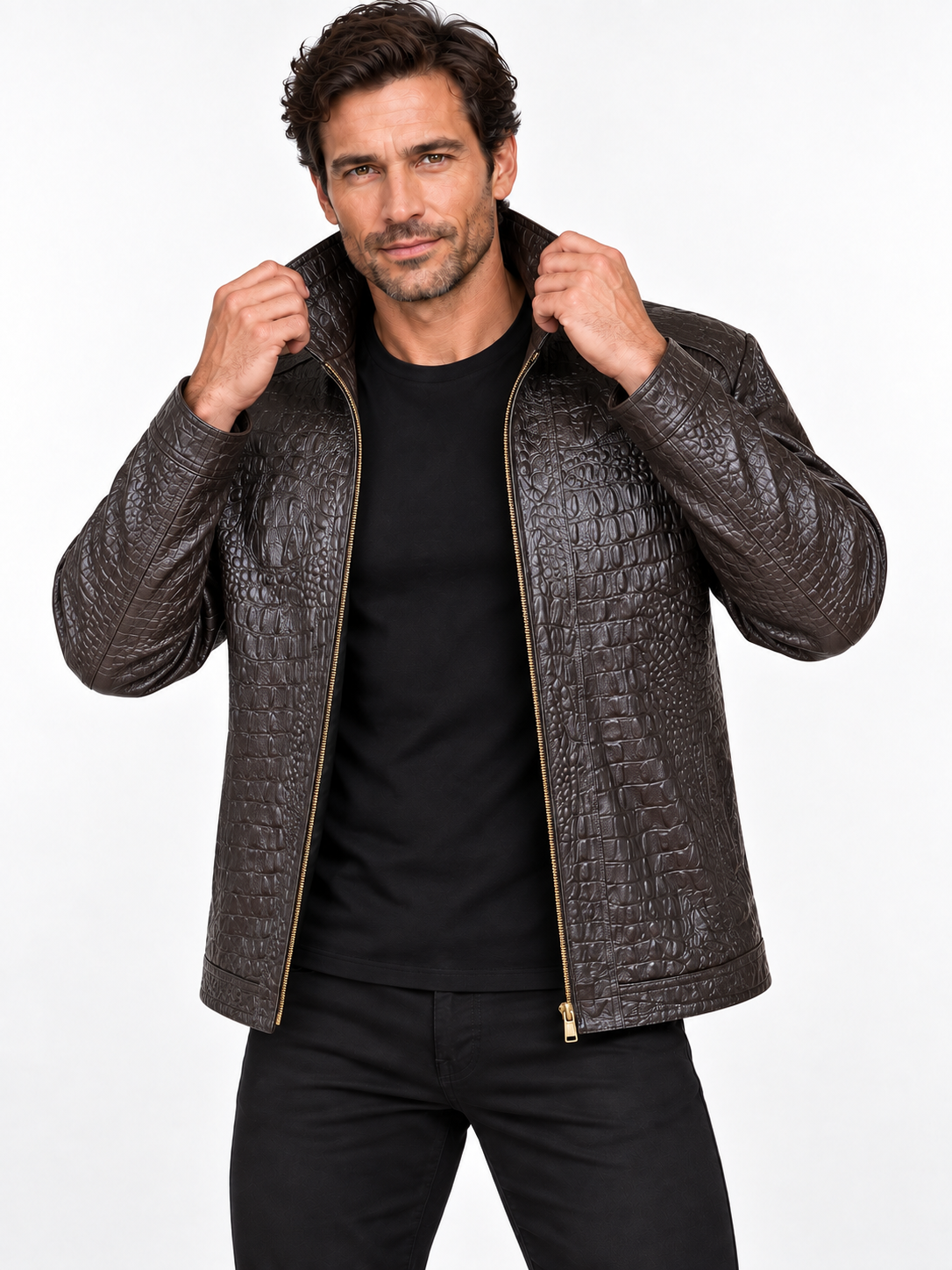 Men’s Crocodile Embossed Leather Jacket – Handcrafted Brown Rider