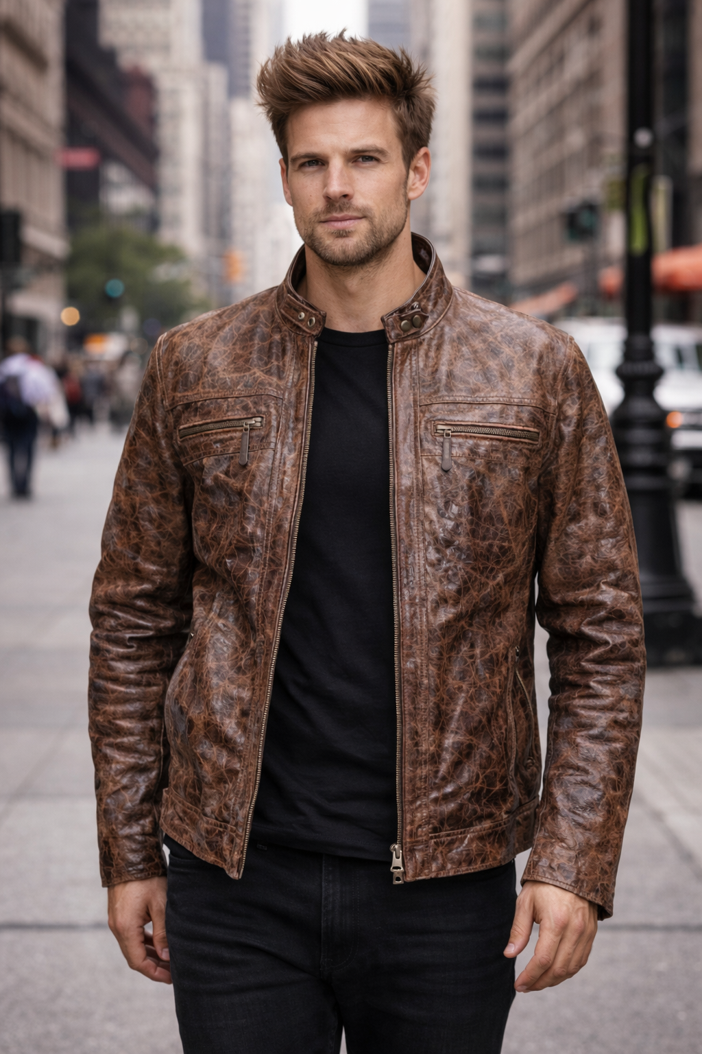 Men's Burnished Effect Leather Rider Jacket Distressed Gloss Brown front view — Tampa FL