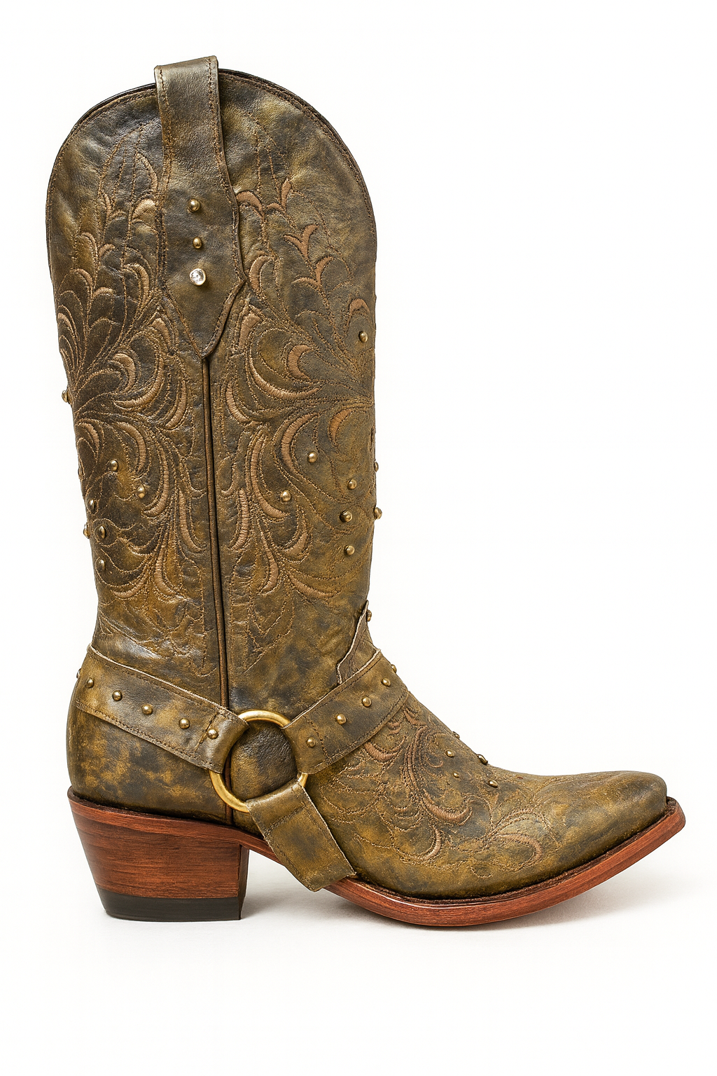 Distressed Western Leather Boots with Studs & Embroidery