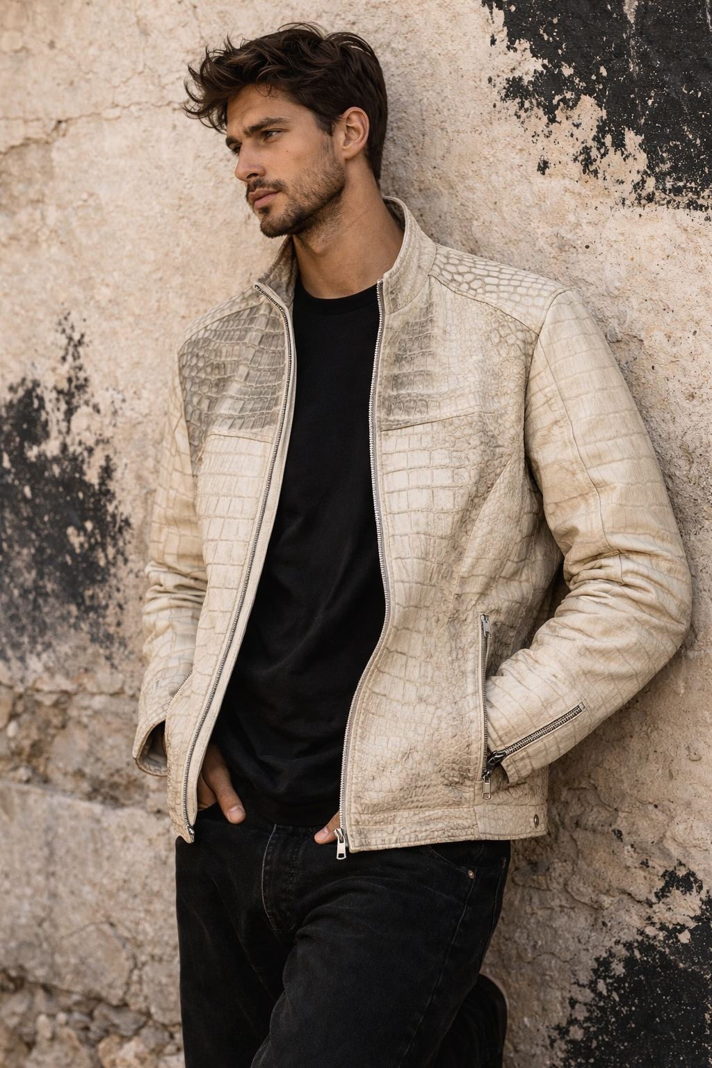 White Genuine Crocodile Leather Jacket Men zipper detail — Dallas TX