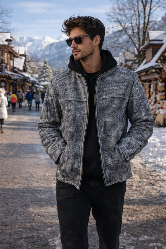 Men's Unique Wash Gray Snake-Embossed Leather Jacket front view — Aurora CO