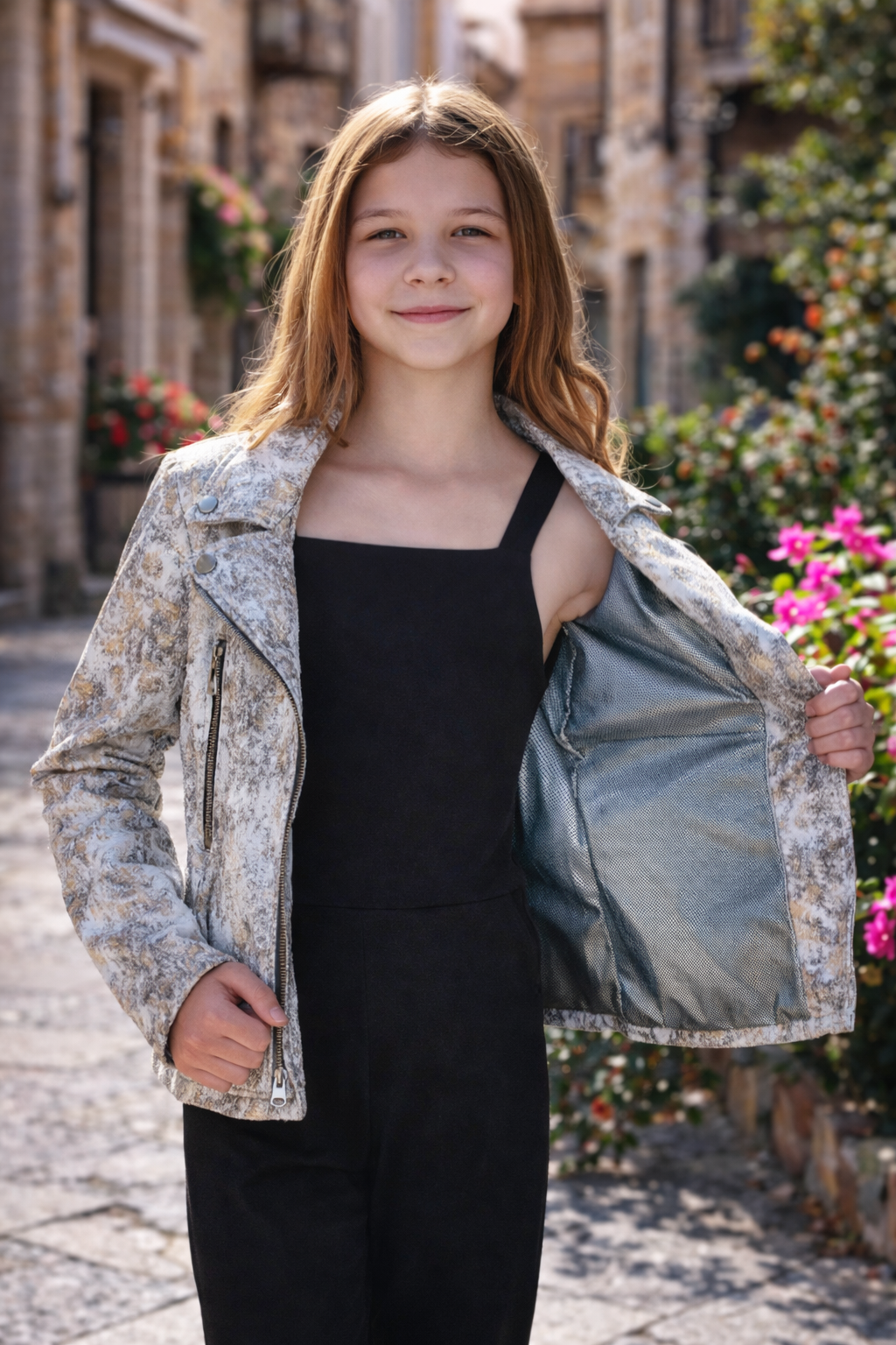 Kids Metallic Marble-Print Leather Biker Jacket – Futuristic Rockstar