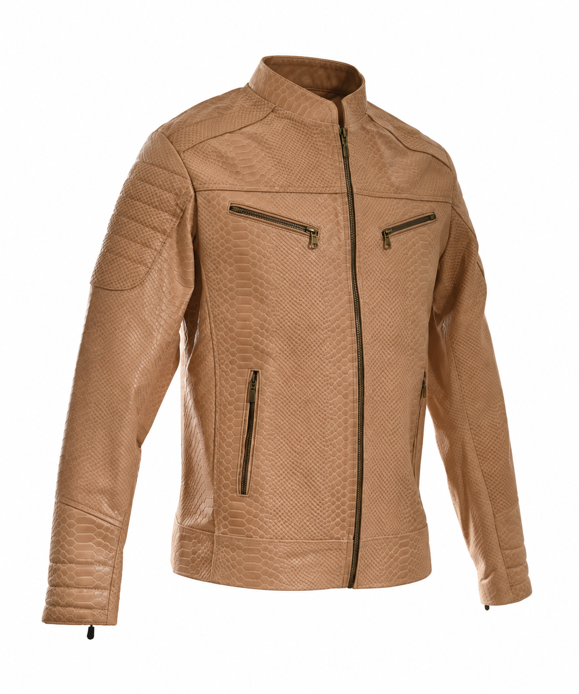Men's Light Tan Reptile-Embossed Leather Moto Jacket