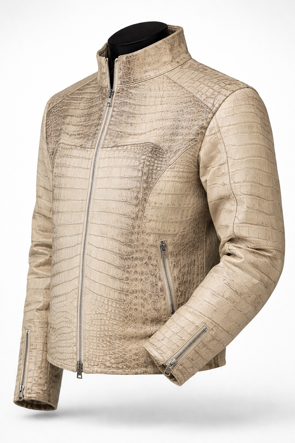 White Genuine Crocodile Leather Jacket Men worn on street — Austin TX