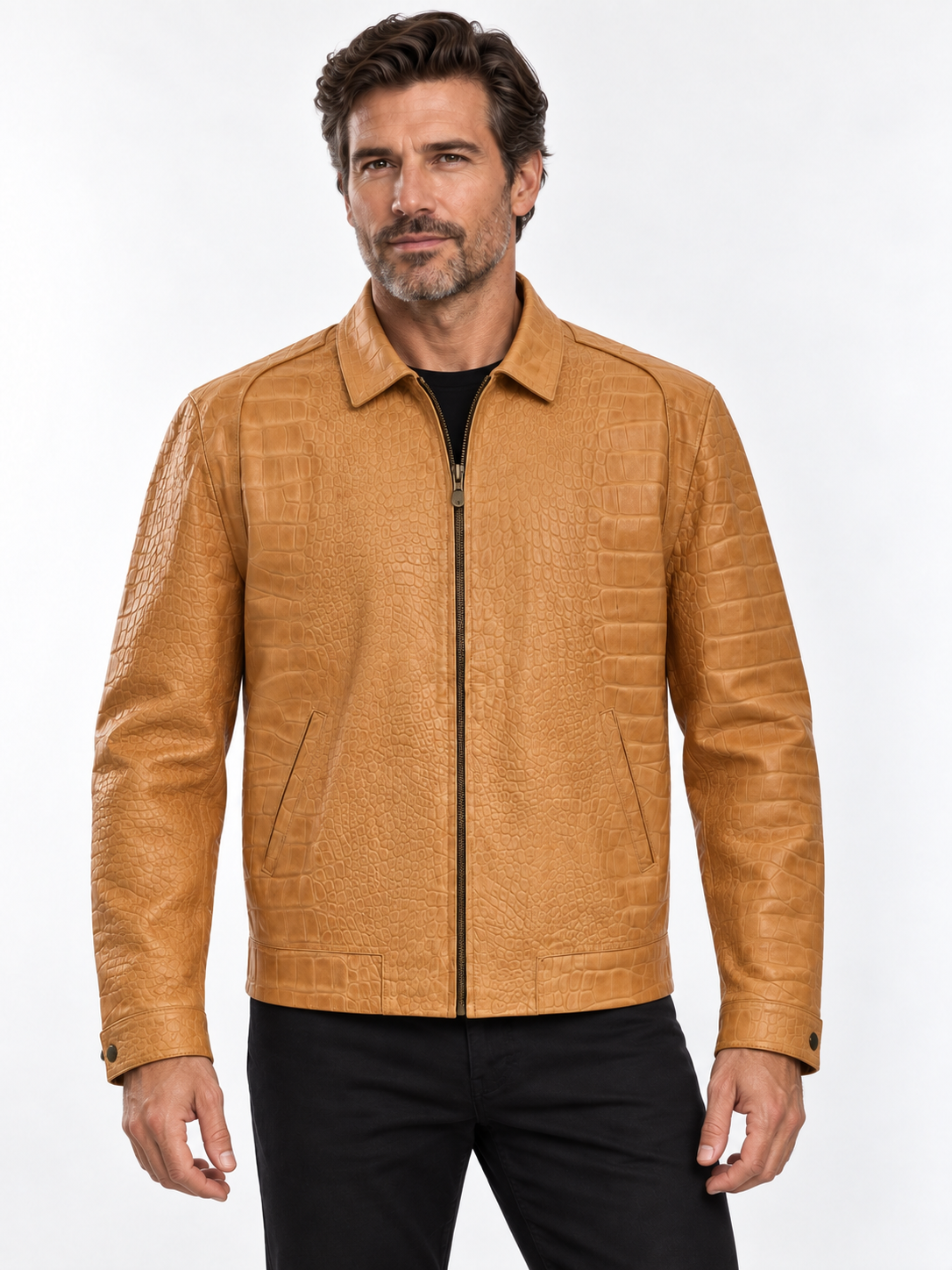 Sand Crocodile-Embossed Leather Jacket – Bold Texture, Refined Style