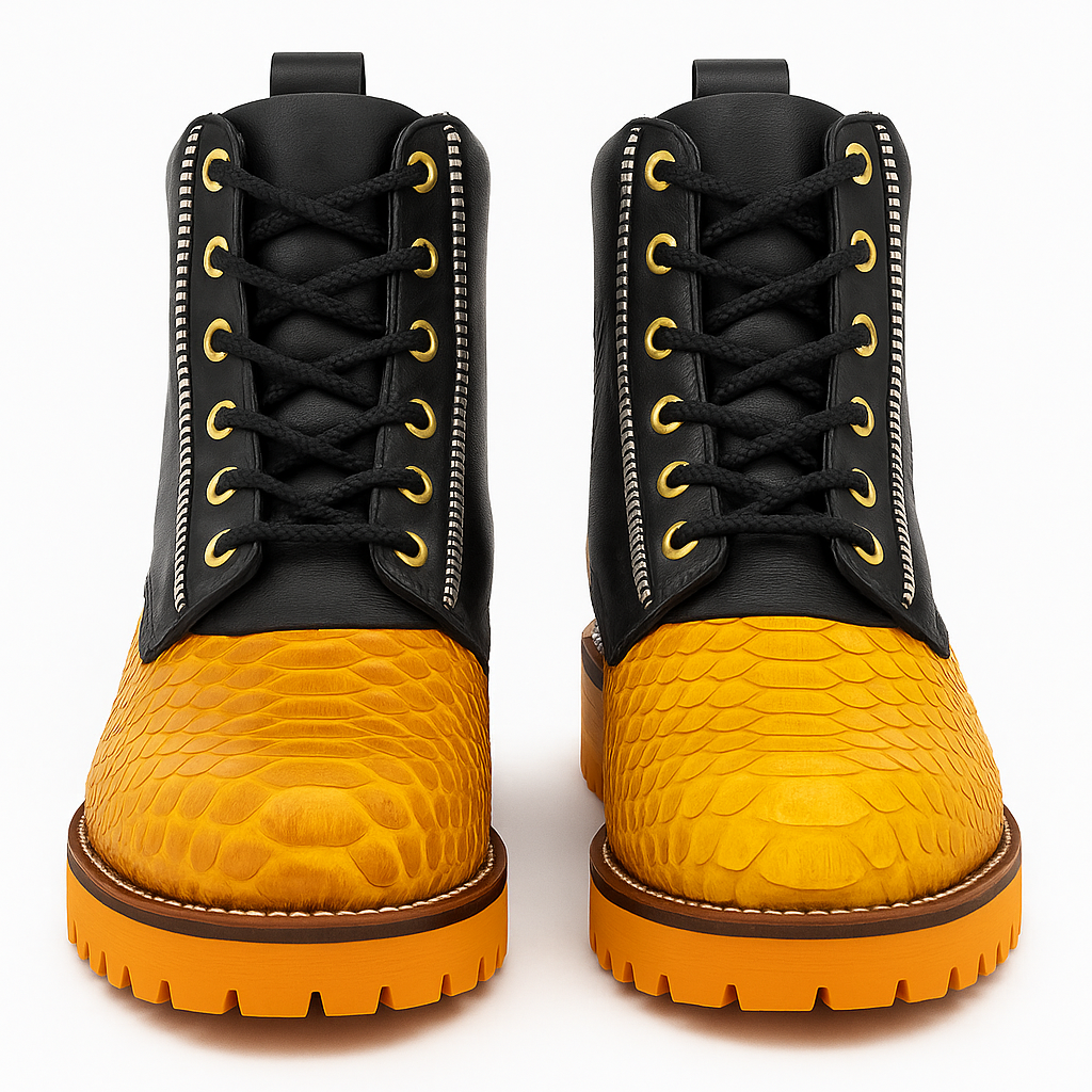 Designer Python Combat Boots with Skull Embossing