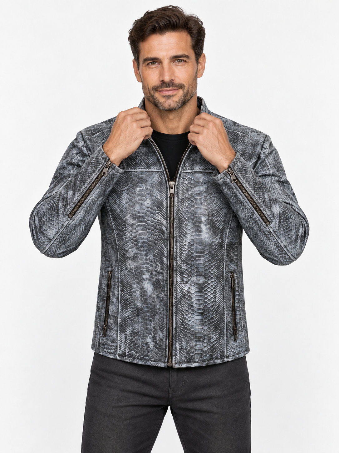 Men's Unique Wash Gray Snake-Embossed Leather Jacket – Artisan Hand-Colored