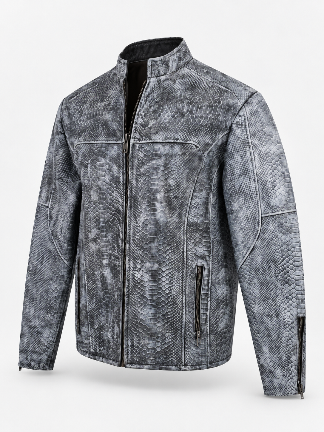 Men's Unique Wash Gray Snake-Embossed Leather Jacket – Artisan Hand-Colored