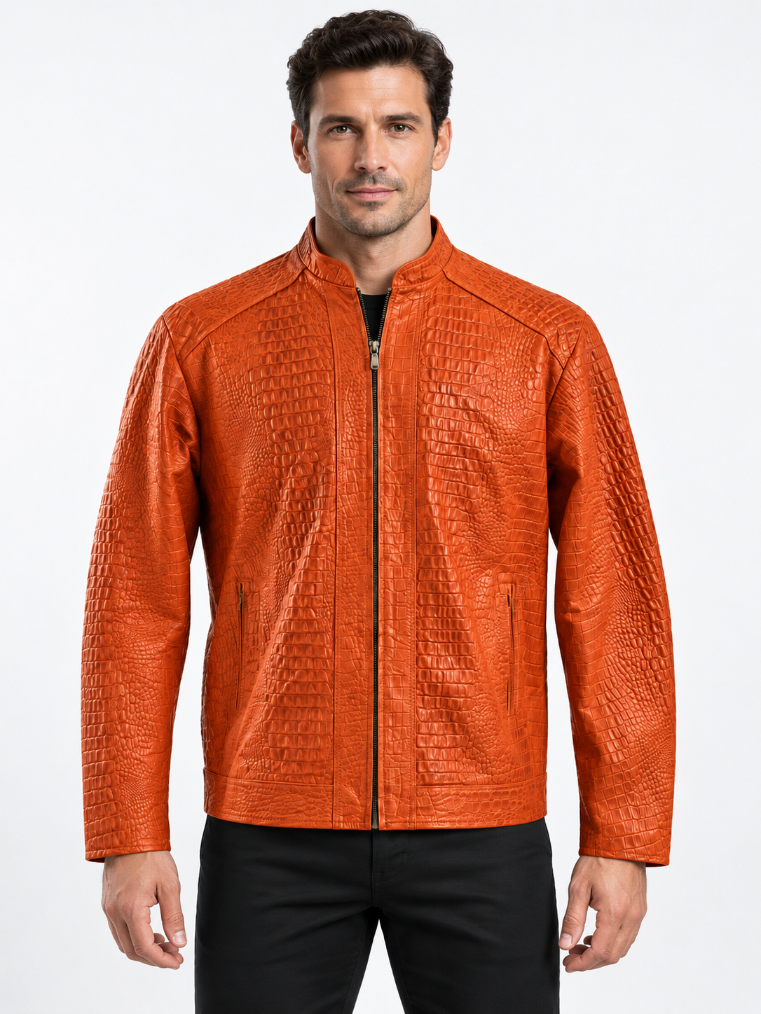 Men's Crocodile-Embossed Zip-Up Jacket in Sunset Orange